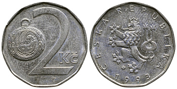 Чехия 2 кроны 1993 KM 9 сталь плакированная никелем 176-553