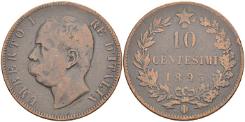 ИТАЛИЯ 10 ЧЕНТЕЗИМО 1893 BЛ, МОНДВОР БИРМИНГЕМ, УМБЕРТО I (1878-1900) KM 27.1 медь 4526-934