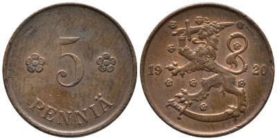 Финляндия 5 пенни 1920 KM 22 медь 99-626