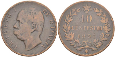 ИТАЛИЯ 10 ЧЕНТЕЗИМО 1893 BЛ, МОНДВОР БИРМИНГЕМ, УМБЕРТО I (1878-1900) KM 27.1 медь 4526-934