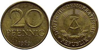 ГДР 20 пфеннигов 1969 А, первый год KM 11 латунь UNC 4398-223