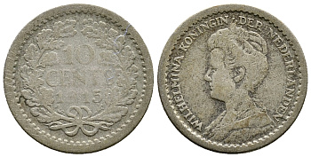 НИДЕРЛАНДЫ 10 ЦЕНТОВ 1915 ВИЛЬГЕЛЬМИНА KM серебро 46-767