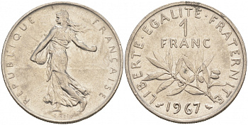 ФРАНЦИЯ 1 ФРАНК 1967 СЕЯТЕЛЬ KM 925.1 никель 68-113