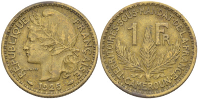 Французский Камерун 1 франк 1925 (а), монетный двор Париж KM 2 алюминиевая бронза 33-635