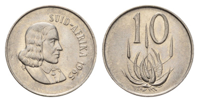 ЮАР 10 центов 1965 Ян ван Рибек (1619-1677), Suid Africa, легенда на африкаанс, цветок алоэ KM 68.2 никель 4687-331