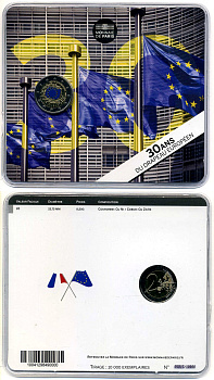 Франция 2 евро 2015 30 лет флагу европейского союза, цветная эмаль, буклет, пластик, запайка KM 220 биметалл BUNC 966-5-1