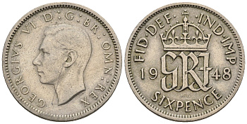 Великобритания 6 пенсов 1948 Георг VI (1936-1952) KM 862, Spink 4105 медно-никель 4609-1121