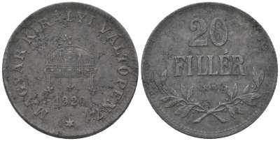 Венгрия 20 филлеров 1920 КВ, редкий год KM 498 железо 4147-735