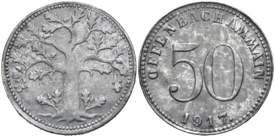 ОФЕНБАХ-НА-МАЙНЕ 50 ПФЕННИГОВ 1917 НОТГЕЛЬД цинк 75-1549
