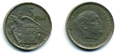 ИСПАНИЯ 5 ПЕСЕТ 1957 (59) ФРАНСИСКО ФРАНКО ДИКТАТОР ИСПАНИИ (1939-1975) KM 786 медно-никель 56-931
