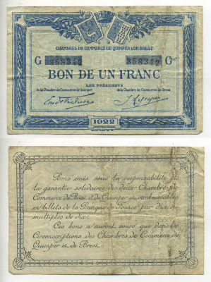 ФРАНЦИЯ 1 ФРАНК 1922 РЕГИОНАЛЬНЫЙ БОН ГОРОДОВ КЕМПЕР И БРЕСТ бумага 7552-29-2