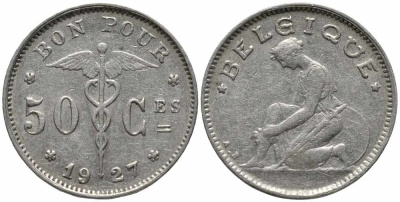 БЕЛЬГИЯ 50 САНТИМОВ 1927 BELGIQUE KM 87 никель 112-437