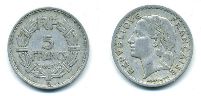 Франция 5 франков 1947 B, открытая 9, тип Лаврийе KM 888b.2, Le Franc 339.11 алюминий 25-642