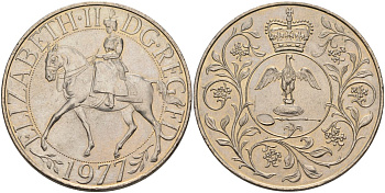 Великобритания 25 пенсов 1977 25 лет со дня коронации Елизаветы, Елизавета II (1952-2022) KM 894, Spink 4136 медно-никель UNC 4578-122