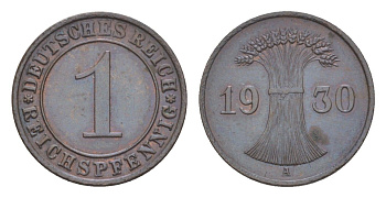 Германия 1 рейхспфенниг 1930 A KM 37, J. 313 бронза 4644-1043