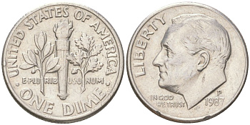 США 10 центов (дайм) 1987 P, Рузвельт KM 195a медь плакированная медно-никелем 4613-824