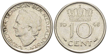 Нидерланды 10 центов 1948 Вильгельмина (1895-1948) KM 177 никель 214-1136