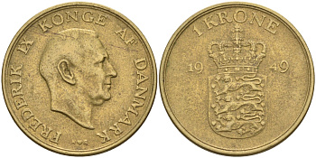 Дания 1 крона 1949 Фредерик IX (1947-1972) KM 837 алюминиевая бронза 4587-1122