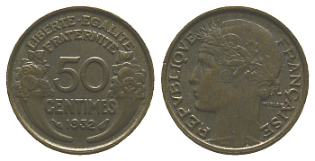 ФРАНЦИЯ 50 САНТИМОВ 1932 ТИП MORLON, OPEN 9, С ЯГОДОЙ KM 849.1, LE FRANC 192.7 алюминиевая бронза 261-343