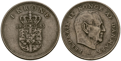 Дания 1 крона 1963 Фредерик IX (1947-1972) KM 852 медно-никель 4176-515