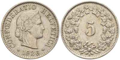 ШВЕЙЦАРИЯ 5 РАППЕНОВ 1926 В KM 26 медно-никель 211-1259