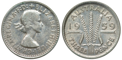 Австралия 3 пенса 1959 m, Елизавета II (1952-2022) KM 57 серебро 71-617