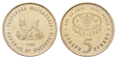 Македония 5 денаров 1995 50 лет ФАО KM 7a медь цинк никель UNC 212-725
