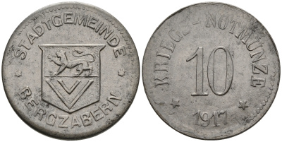 ГЕРМАНИЯ БЕРГЦАБЕРН 10 ПФЕННИГОВ 1917 КРИГСГЕЛЬД железо 75-1659