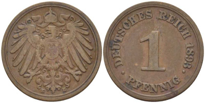 ГЕРМАНИЯ 1 ПФЕННИГ 1893 E KM 10, J. 10, Weege 2 медь 211-158