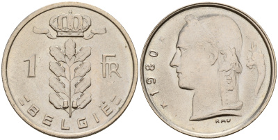 Бельгия 1 франк 1980 Belgie KM 143.1 медно-никель  UNC  4187-215