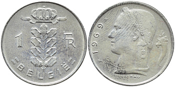 БЕЛЬГИЯ 1 ФРАНК 1969 BELGIE KM 143.1 медно-никель 4388-1221