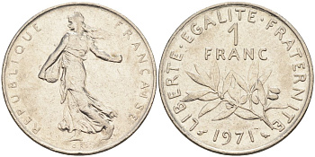 Франция 1 франк 1971 сеятель, тип Semeuse KM 925, Le Franc 226.16 никель 4592-1115
