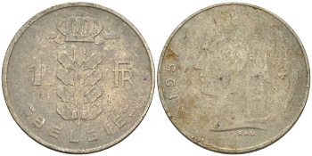 БЕЛЬГИЯ 1 ФРАНК 1957 BELGIE KM 143.1 медно-никель 175-253