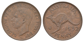 Австралия 1 пенни 1952 Георг VI (1936-1952), кенгуру KM 43 бронза 4672-232