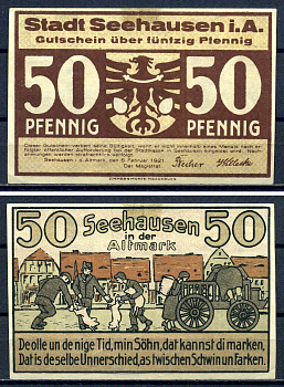 Зехаузен в Альтмарке (Пруссия, Саксония) 50 пфеннигов 1921 DeNG 1/2 1215.1-2/3 бумага UNC (пресс) 7556-23-4-2