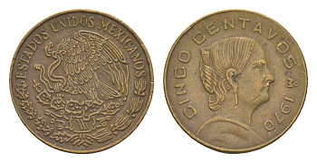 Мексика 5 сентаво 1970 Жозефа Ортис де Домингес KM 427 латунь 4655-1046