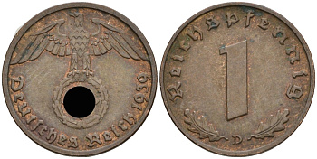 Германия 1 рейхспфенниг 1939 D KM 89, J 361 бронза 4136-1152