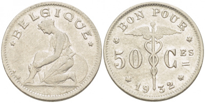 Бельгия 50 сантимов 1932 Belgique, Альберт I (1909-1934) KM 87 никель     261-1636