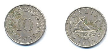Мальта 10 центов 1972 баржа Великого магистра KM 11 медно-никель 4379-424