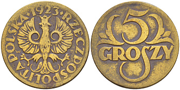 ПОЛЬША 5 ГРОШЕЙ 1923 KM 10, Parchimowicz 103a латунь 216-934