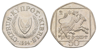 Кипр 50 центов 1994 похищение Европы KM 66 медно-никель UNC 4652-417