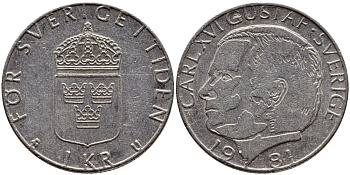 Швеция 1 крона 1981 Карл XVI Густав (1973- ) KM 852 медь плакированная медно-никелем 4397-1036