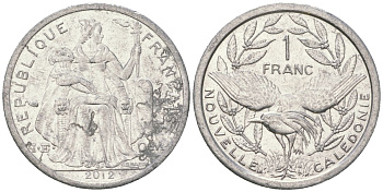 Французская Новая Каледония 1 франк 2012 птица кагу, (IEOM) KM 10, Schoen 10 алюминий 31-227