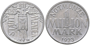 Менден (Пруссия, Вестфалия) 1000000 марок 1923 Funck 639.1A, Men18 20806.12, Men18 20806.13 алюминий 4610-337