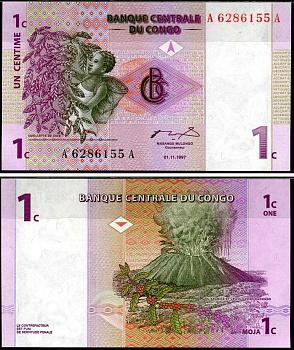 ДР Конго 1 сантим 1997 вулкан, сбор кофе Pick 80 a бумага UNC (пресс) 7221-34-1-1
