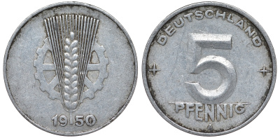 ГДР 5 ПФЕННИГОВ 1950 А алюминий 62-1135