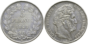 Франция 5 франков 1845 BB, Луи Филипп I (1830-1848) KM 749.3 серебро 4386-211