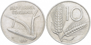 ИТАЛИЯ 10 ЛИР 1987 R, КОЛОСЬЯ, ПЛУГ KM 93 алюминий 4519-235