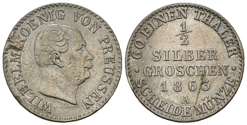Пруссия 1/2 гроша 1863 A, Вильгельм I (1861-1888) Olding 416, AKS 104, Jaeger 88 серебро 4679-958