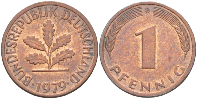 ФРГ 1 ПФЕННИГ 1979 G KM 105, J. 380 сталь плакированная медью 4181-635